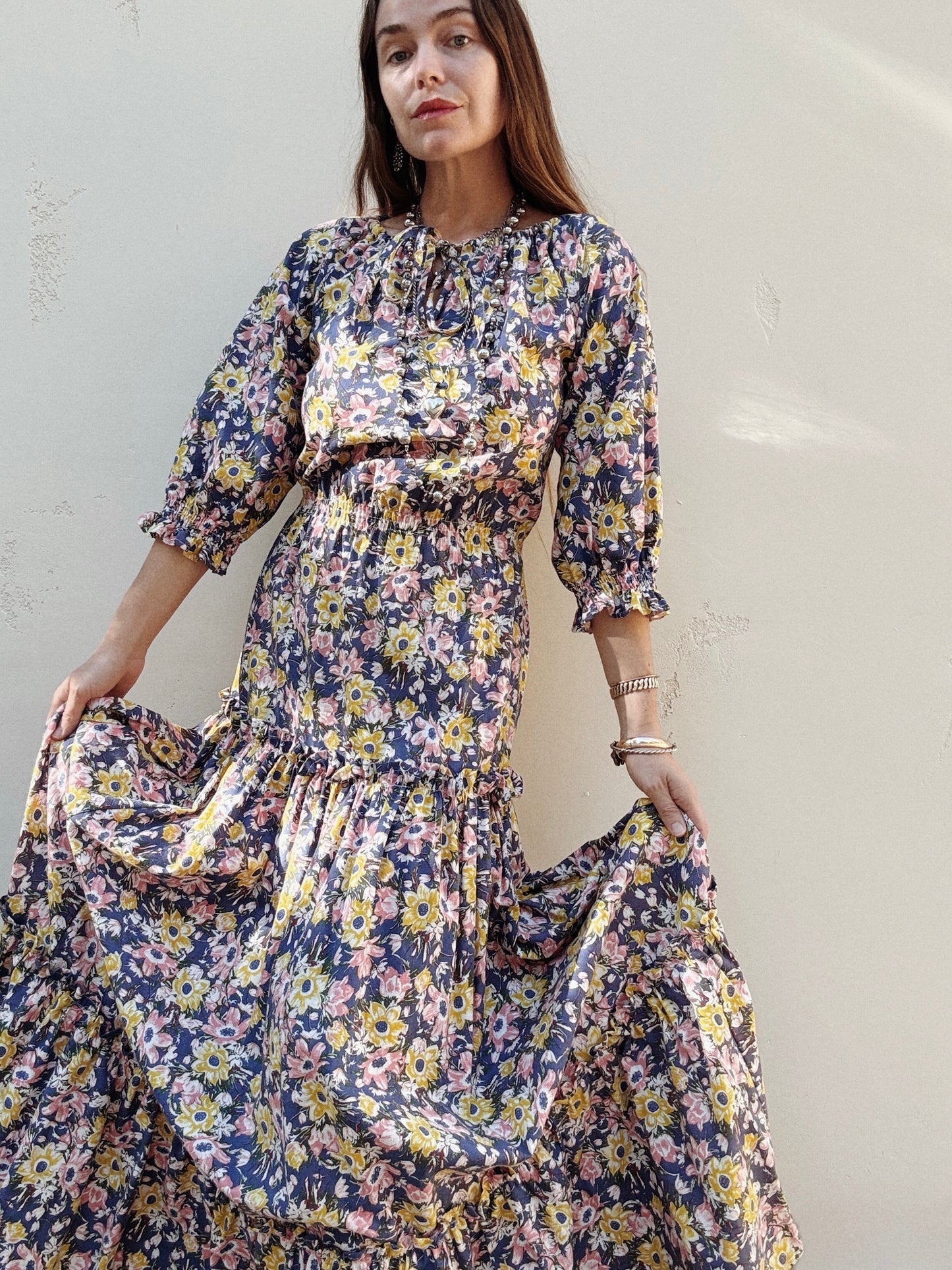 1970s Laura Ashley Rustic Blue Cotton Floral Dress- M/L