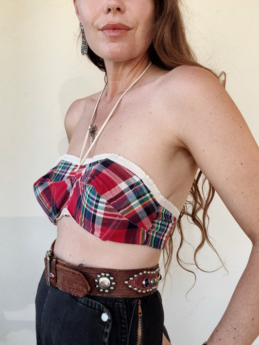 1950s Plaid Cotton Halter Bustier Top- M/L