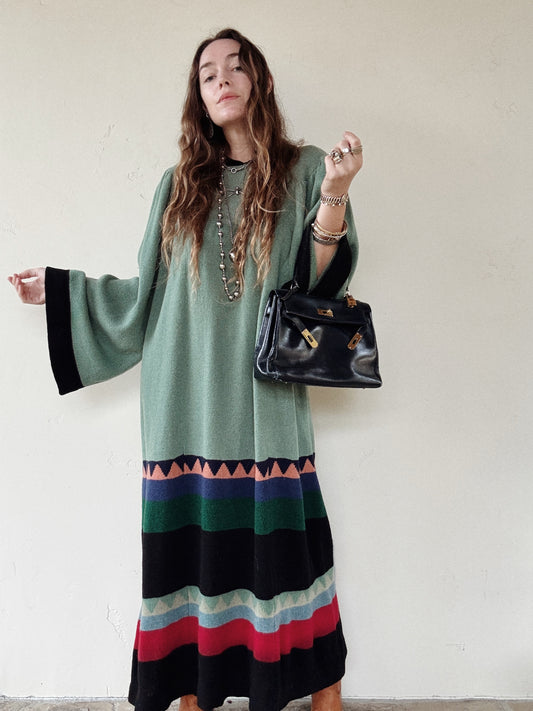 1974 Rare Alice Pollock Documented Knit Kaftan Dress w/ Bell Sleeves- M