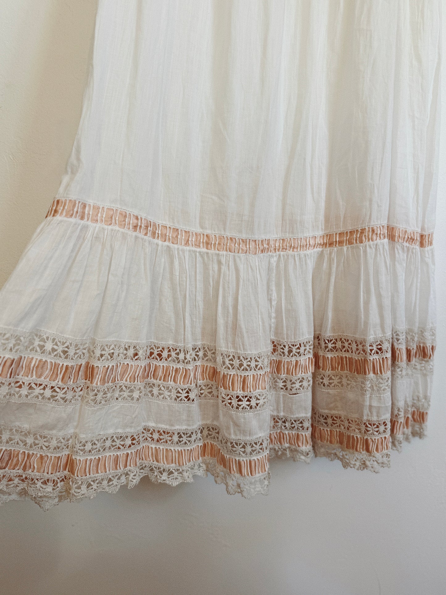 Victorian White Cotton Nightgown w/ Crocheted Trim + Pink Ribbon- XS- S/M