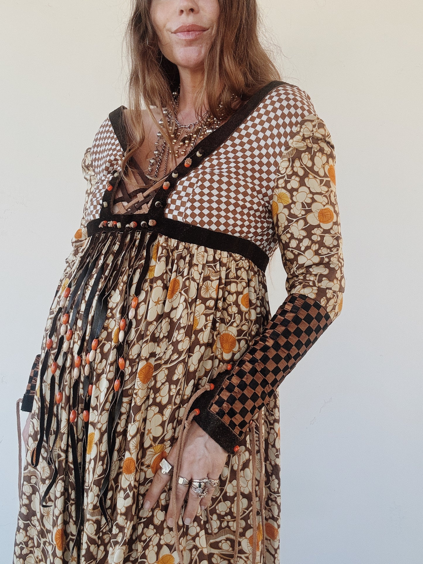 1970s Bill Gibb Archival Floral Silk + Suede Fringe Magpie Dress- S