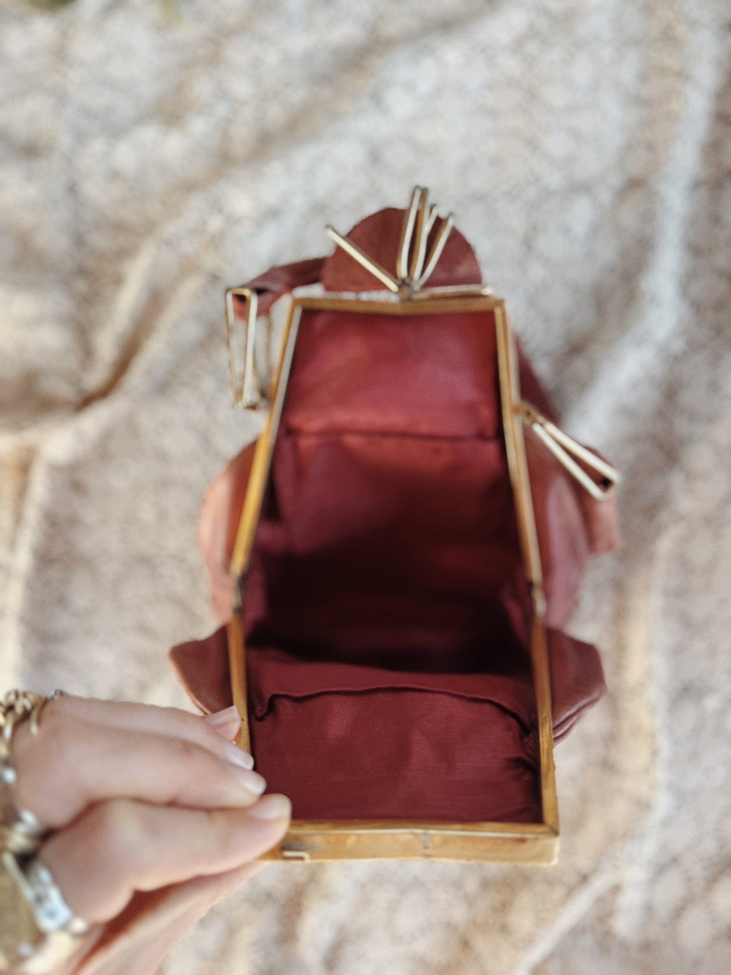 1930s Deco Cabernet Lambskin Shell Handbag w/ Brass Hardwear