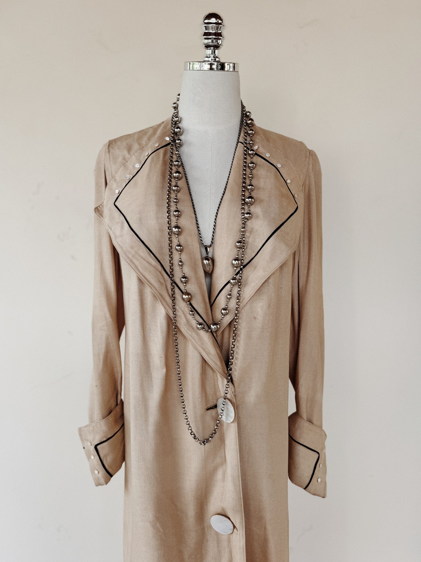 1910s Edwardian Silk Moto Duster w/ Black Cord Trim + Mother of Pearl Buttons- S/M