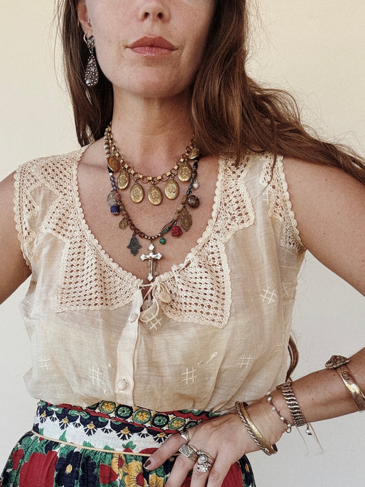 1930s Deco Brass Tiered Locket Necklace