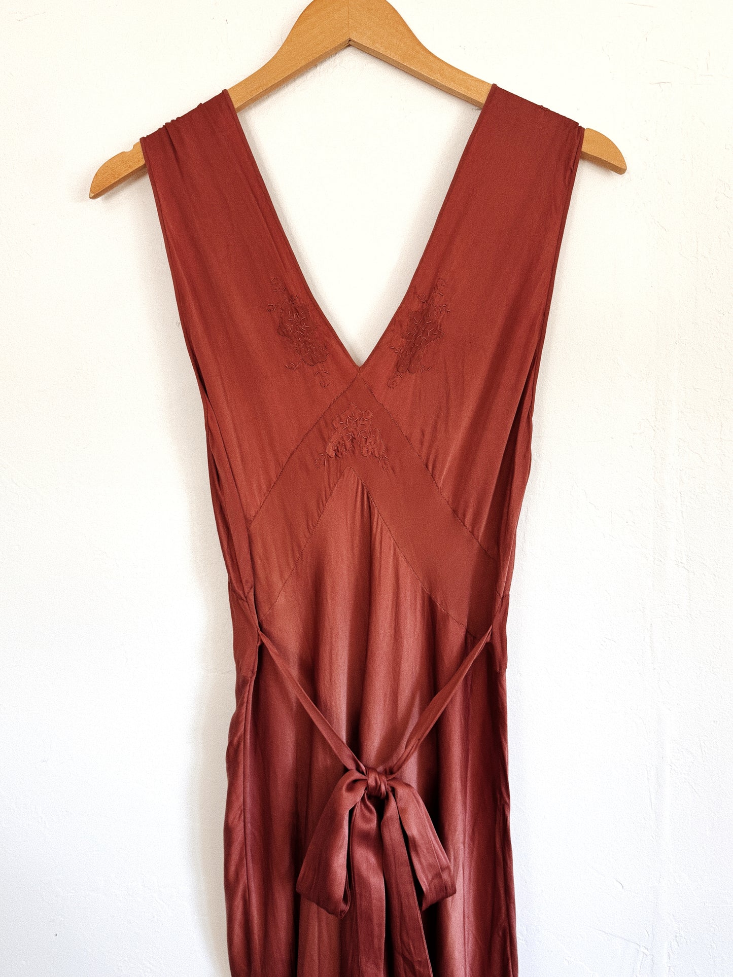 1930s Cocoa Silk Gown w/ Floral Embroidery- S-M