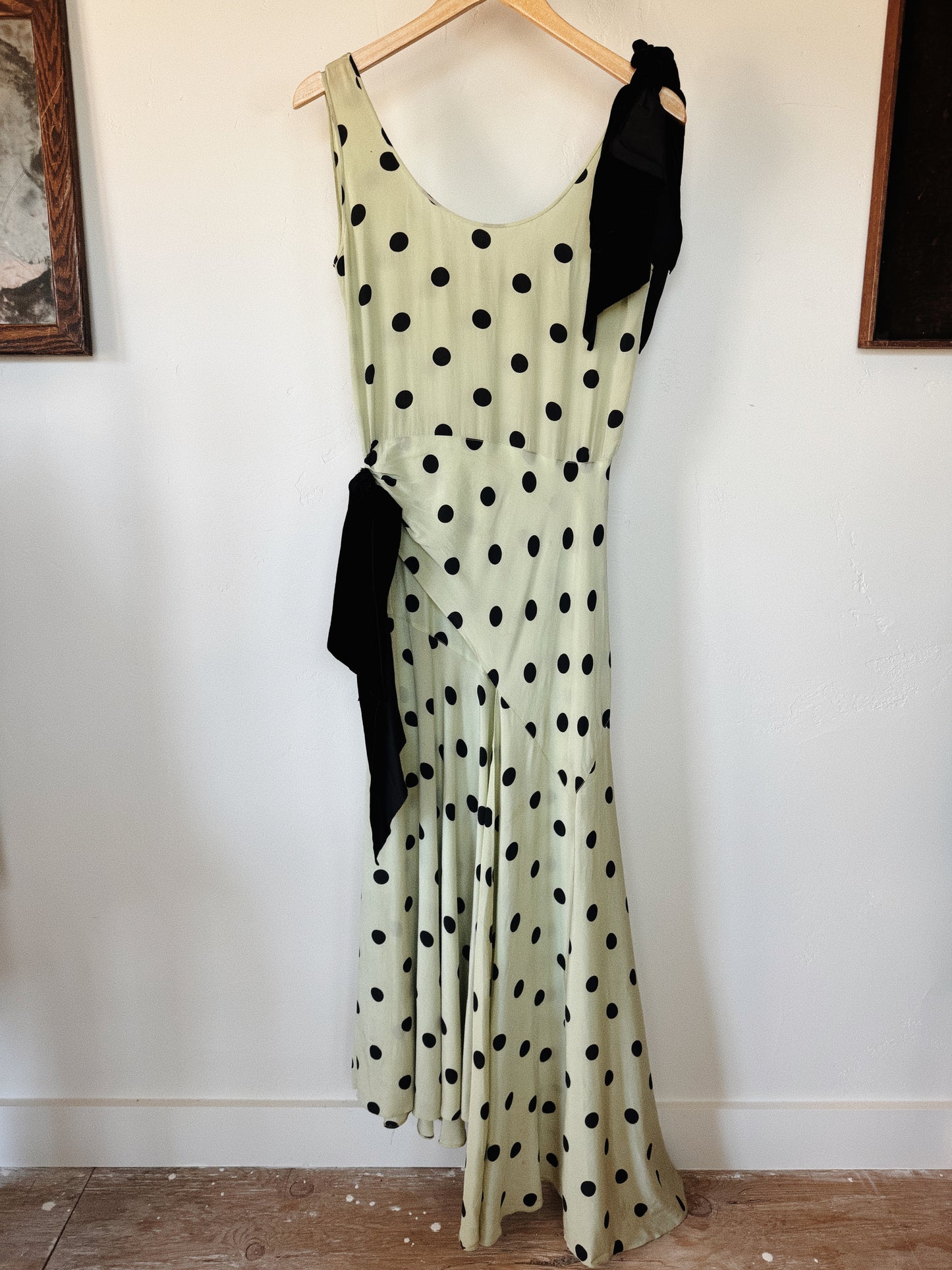 1930s Mint + Black Polka Dot Silk Draped Gown w/ Velvet Bows- S/M