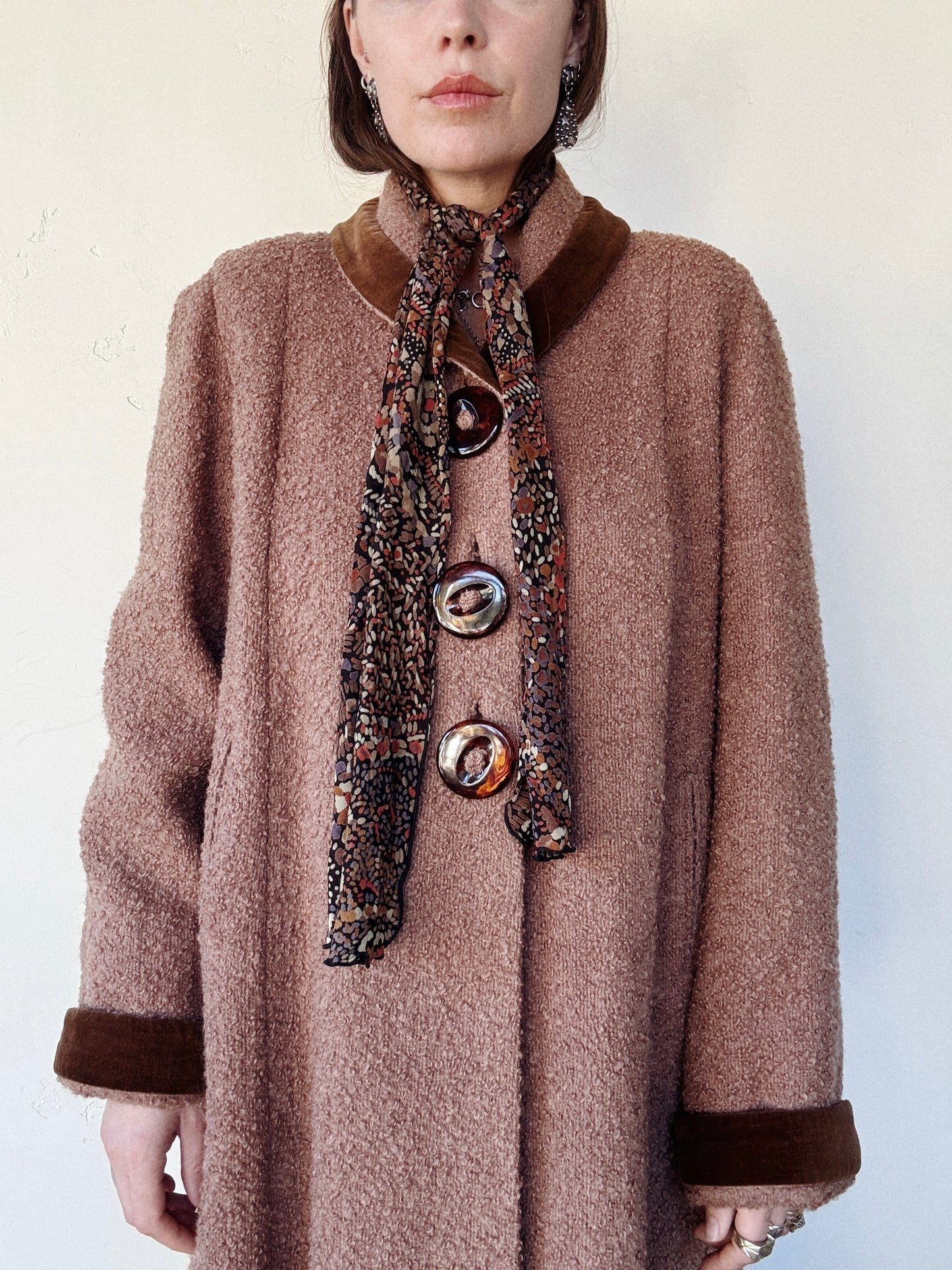 1940s/50s Mocha Bouclé Knit Coat w/ Oversized Buttons- S/M-M