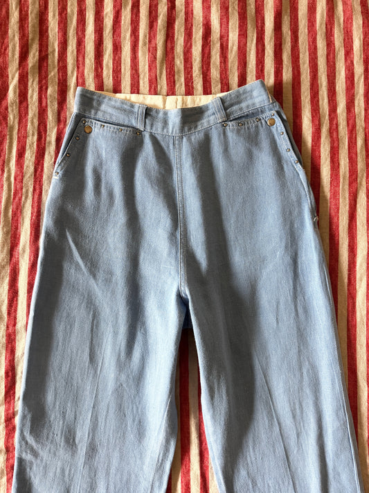 1950s Light Denim Studded Western Side Zips- 25”