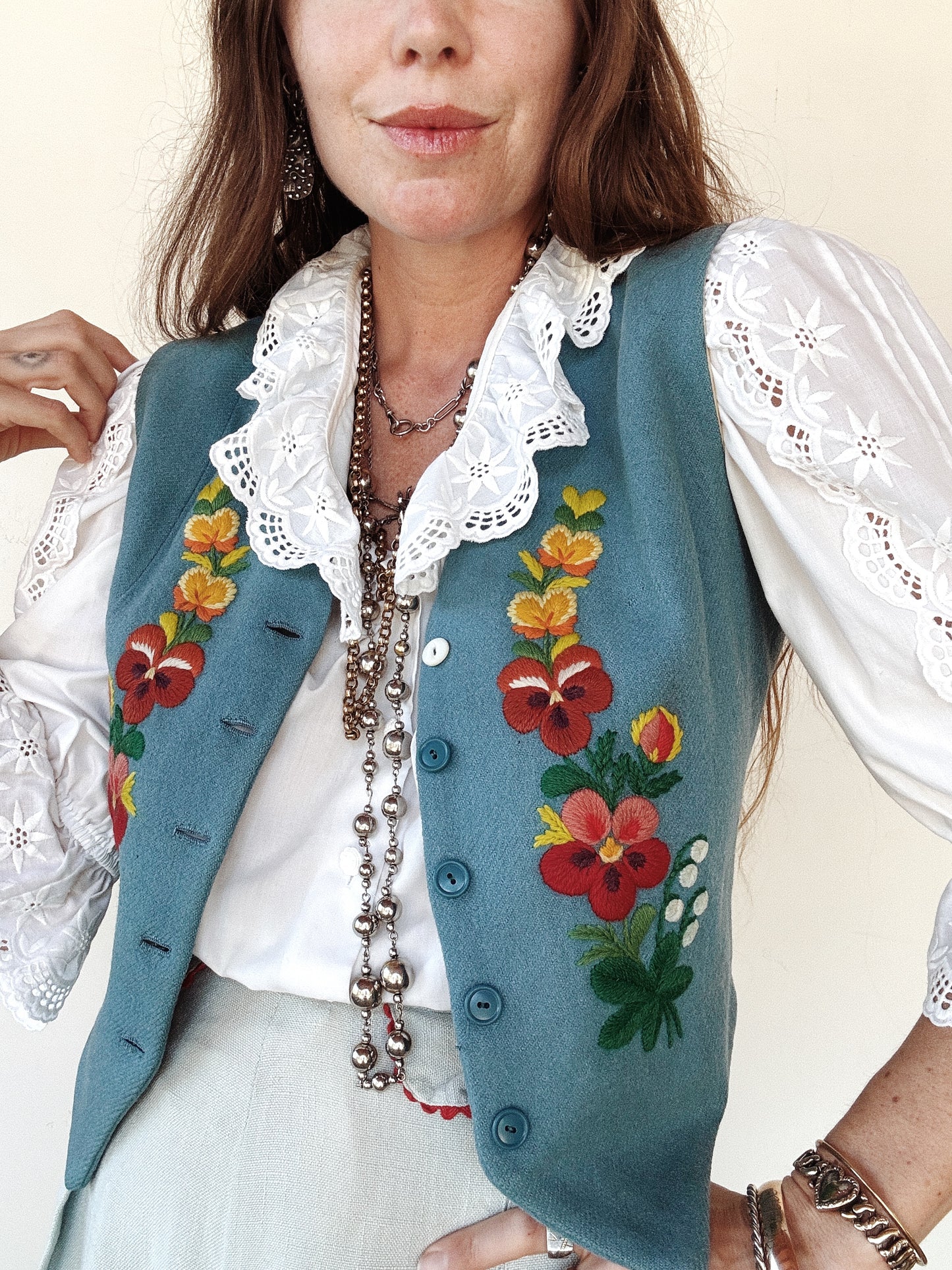 1930s/40s Cornflower Blue Embroidered Floral Waistcoat Vest- S/M