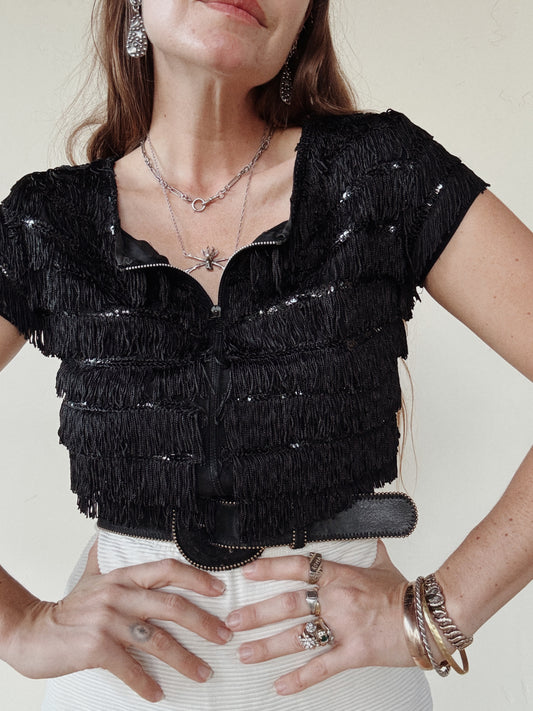1930s Rare Zipper Front Fringe Cropped Top w/ Sequins- S/M