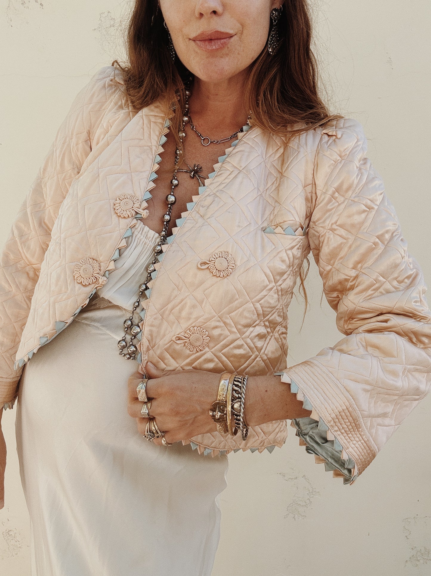1940s Pastel Pink + Blue Silk Rayon Quilted Lounge Jacket w/ Sawtooth Detail- S/M