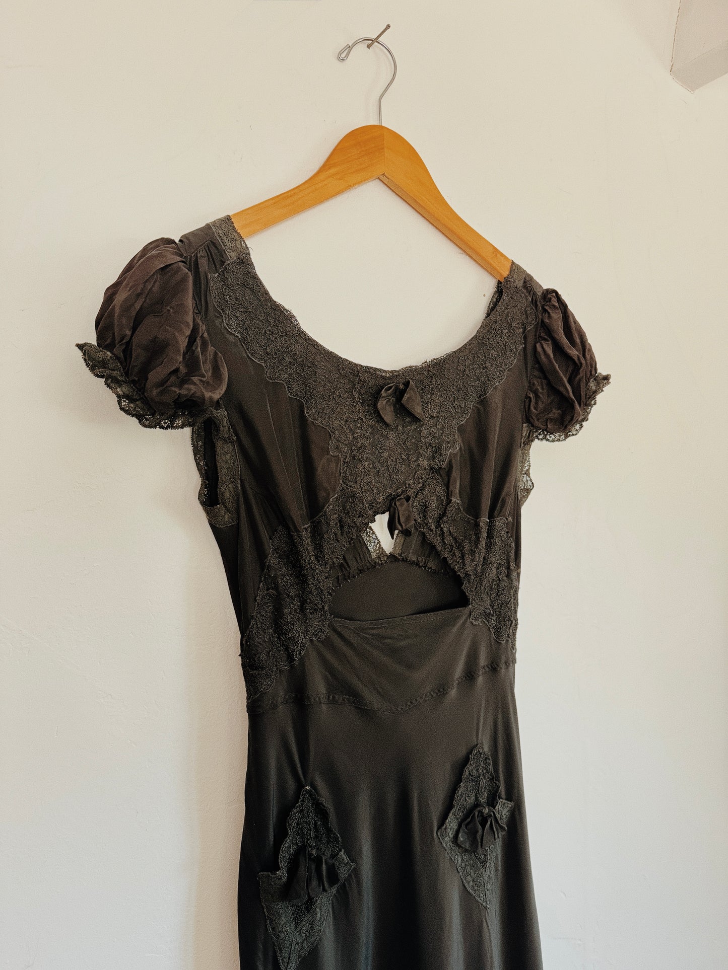 1930s Black Sultry Rayon Silk Keyhole Lace Slip Dress w/ Caplet Shoulders- S-S/M