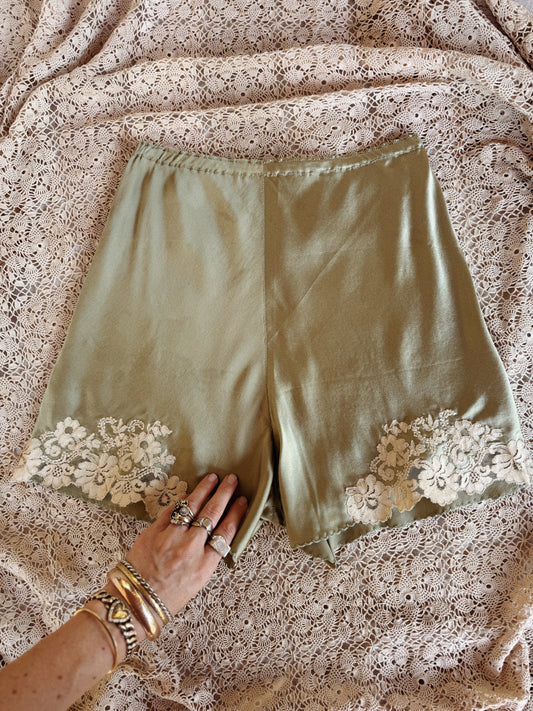 1930w Sage Charmeuse Silk + Lace Tap Shorts- S/M