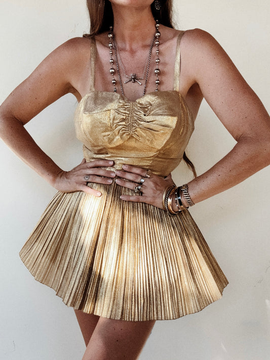 1950s Golden Lamé Bombshell Pleated Playsuit- S
