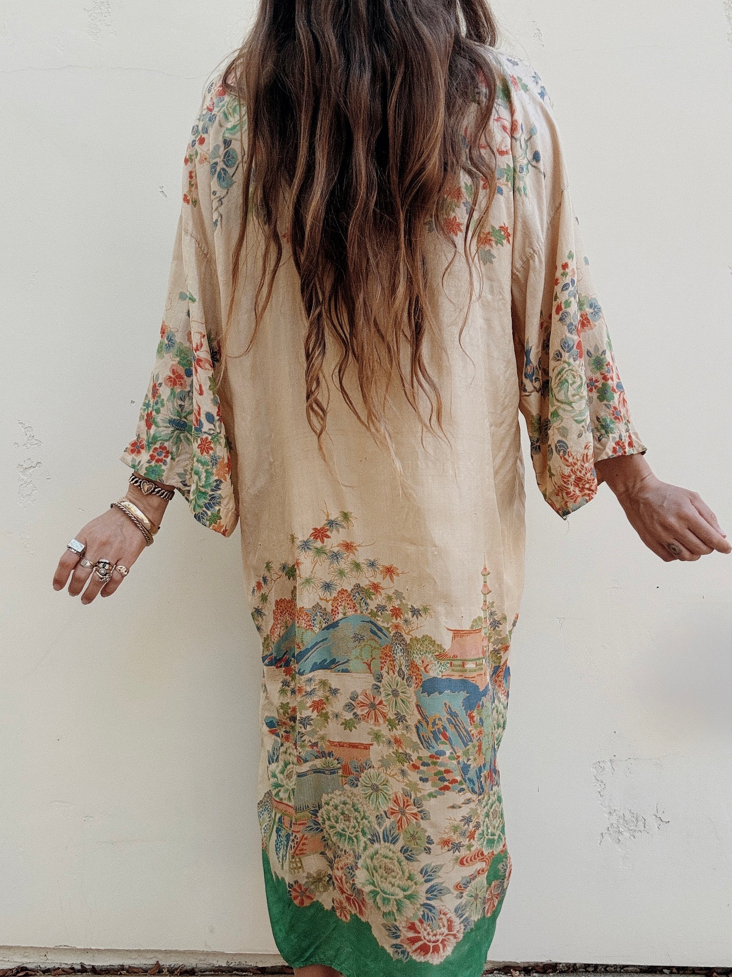1920s Green Printed Pongee Silk Duster Robe