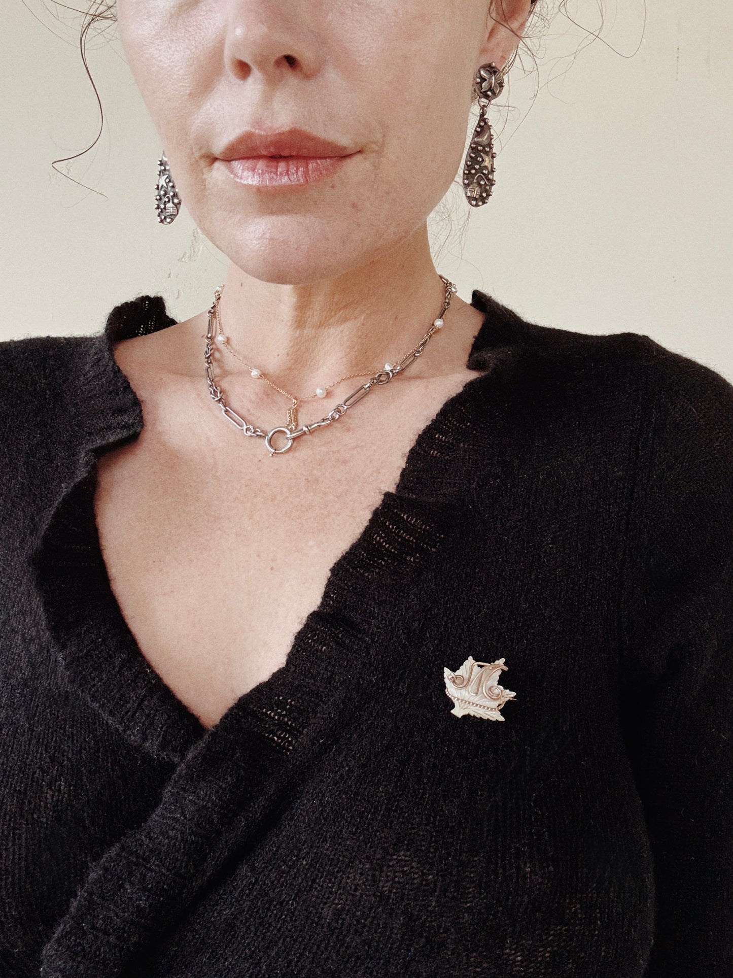 1940s Sweetheart “M” Mother of Pearl Maple Pin