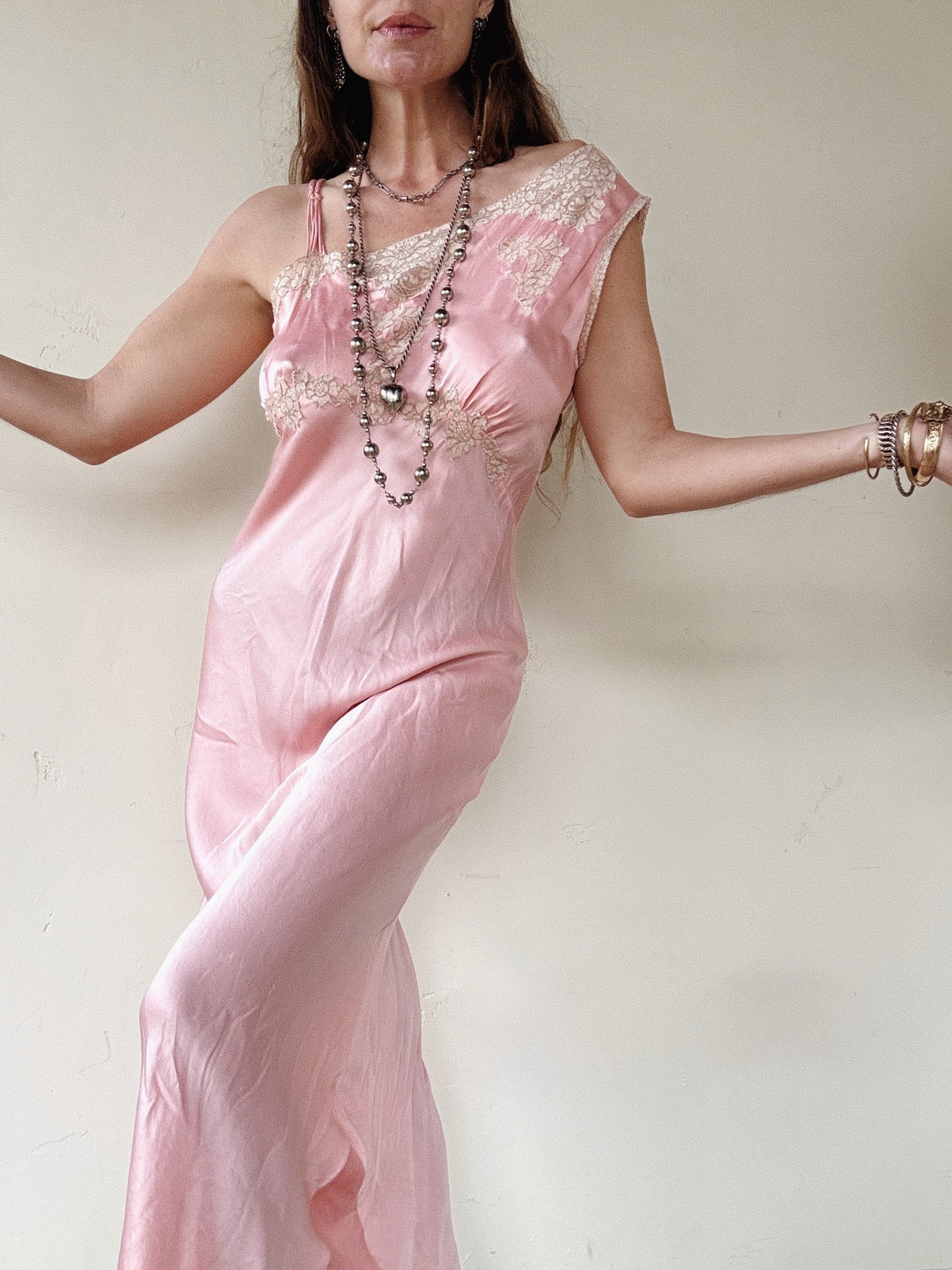 1930s/40s Pink Silk Asymmetrical Slip Dress w/ Lace- S-S/M