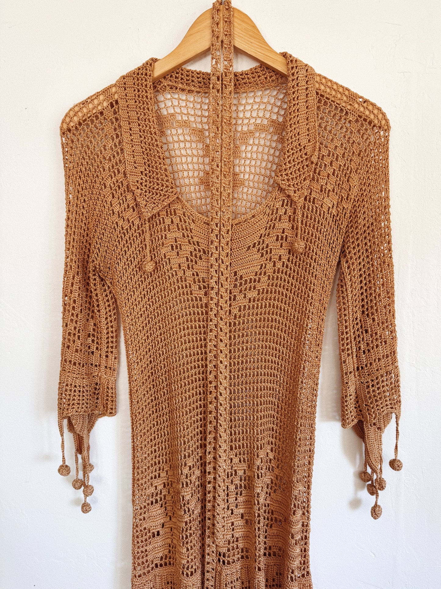 1920s Exquisite Caramel Crocheted Dress w/ Pom Poms- XS-S/M