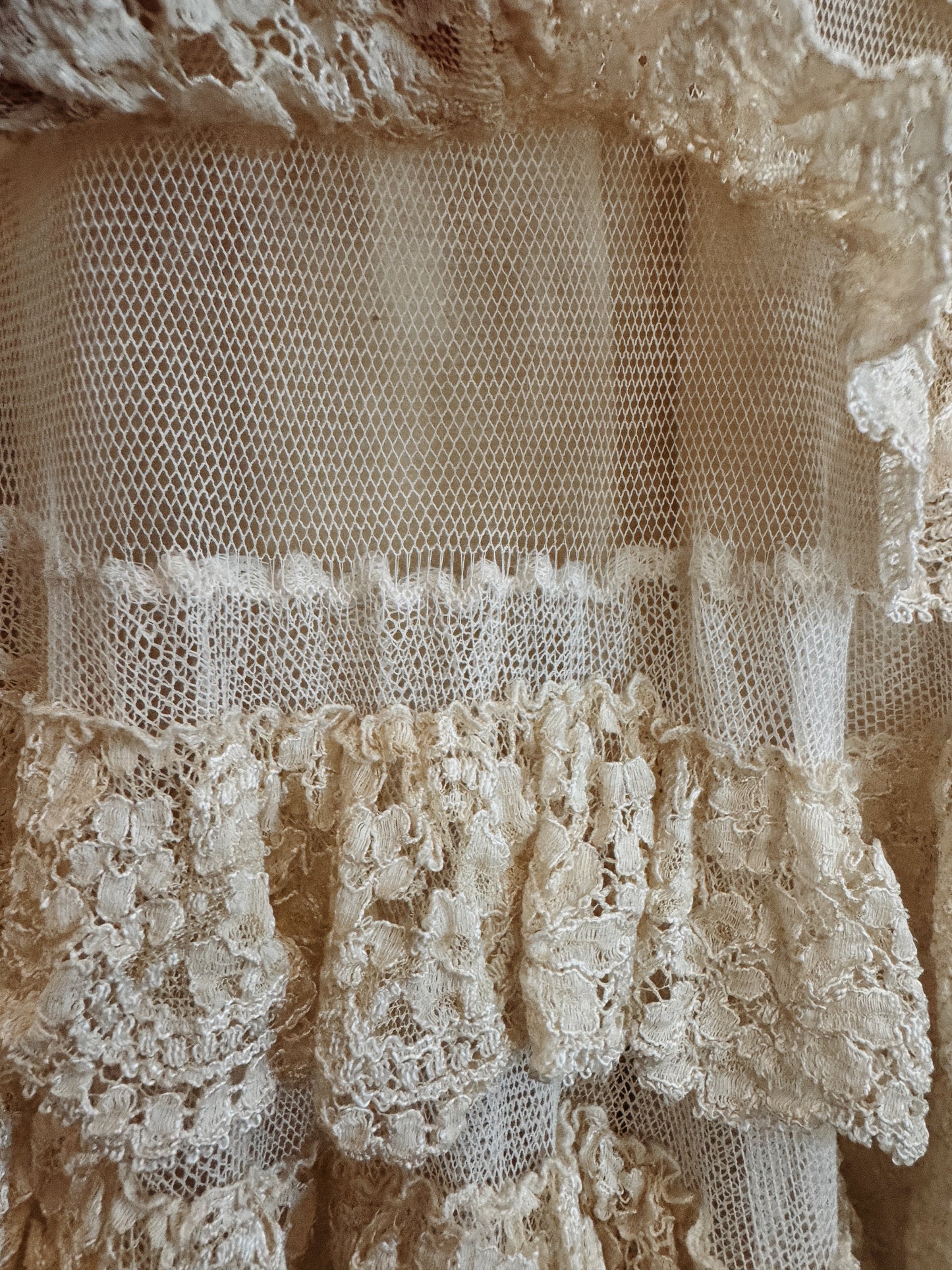 1930s Ecru Lace Tiered Ruffle Gown w/ Fishtail Hem- XS-S