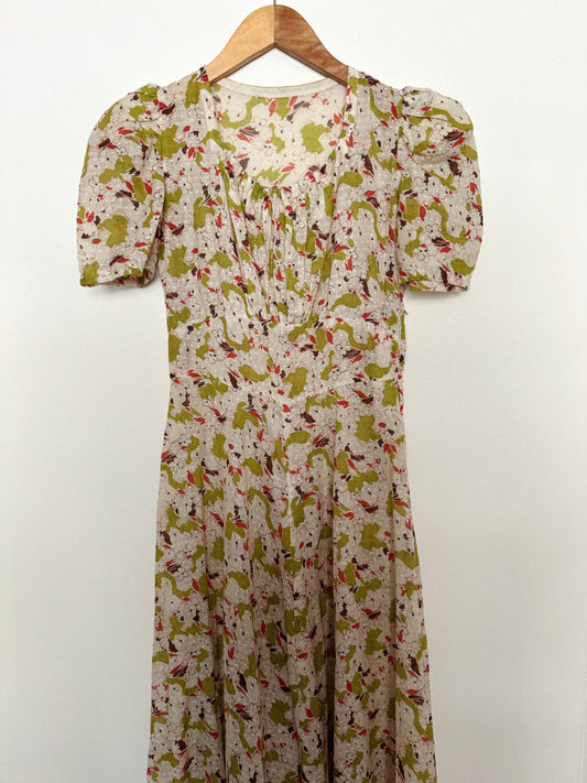1930s Cotton Voile Lime Abstract Print Dress w/ Puffed Shoulders- S