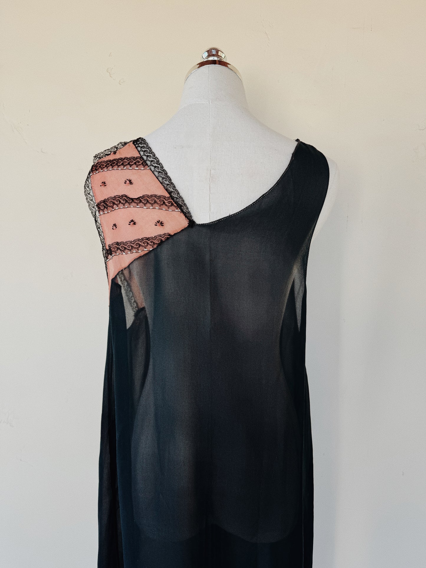 1920s Black Chiffon + Salmon Embroidered Shift Dress w/ Handkerchief Hem- M