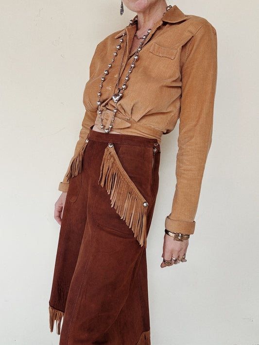 1930s Two Tone Suede Fringe Western Split Skirt Pants- S/M