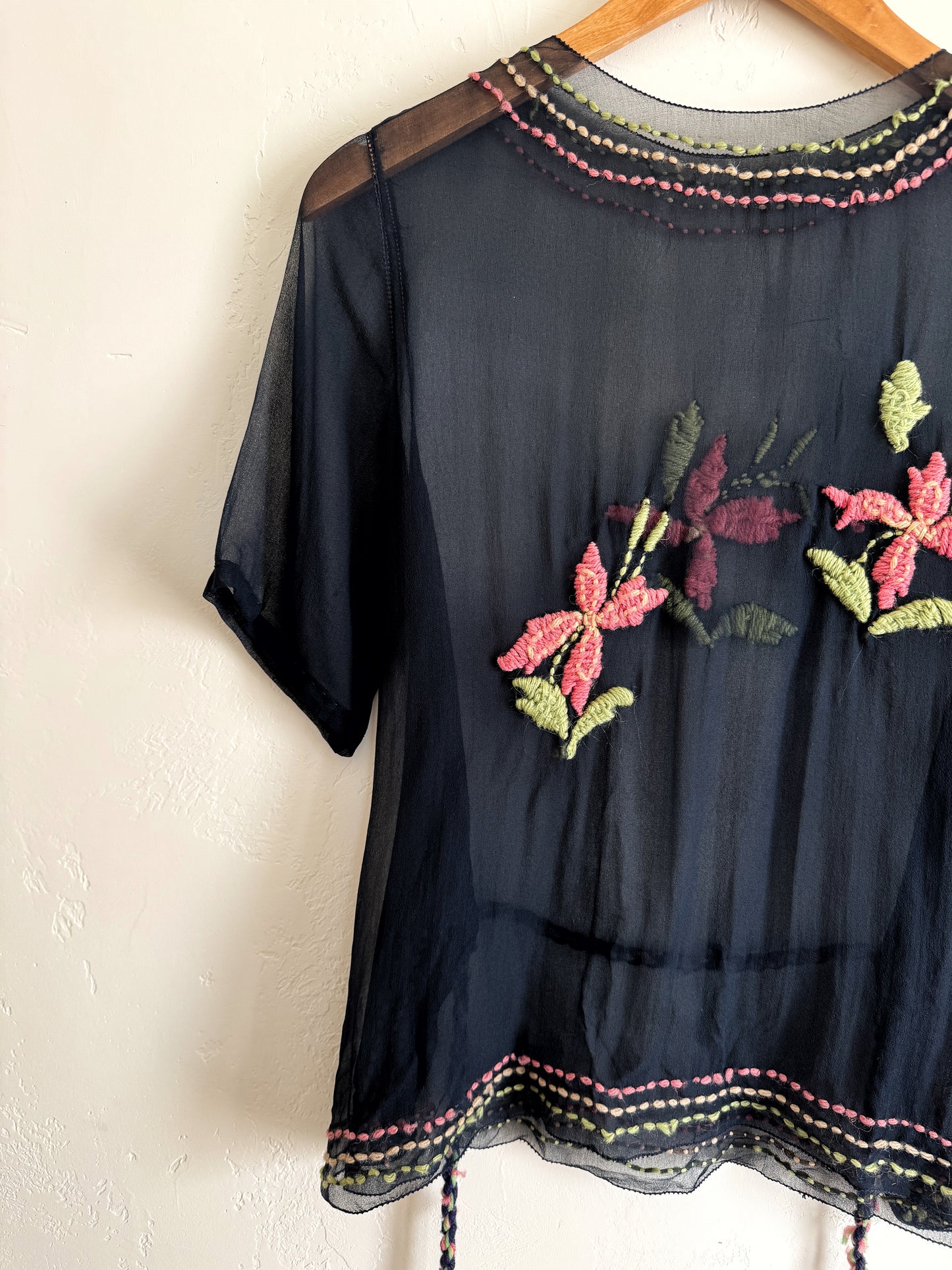 1920s Black Chiffon Top W/ Floral Embroidery- S