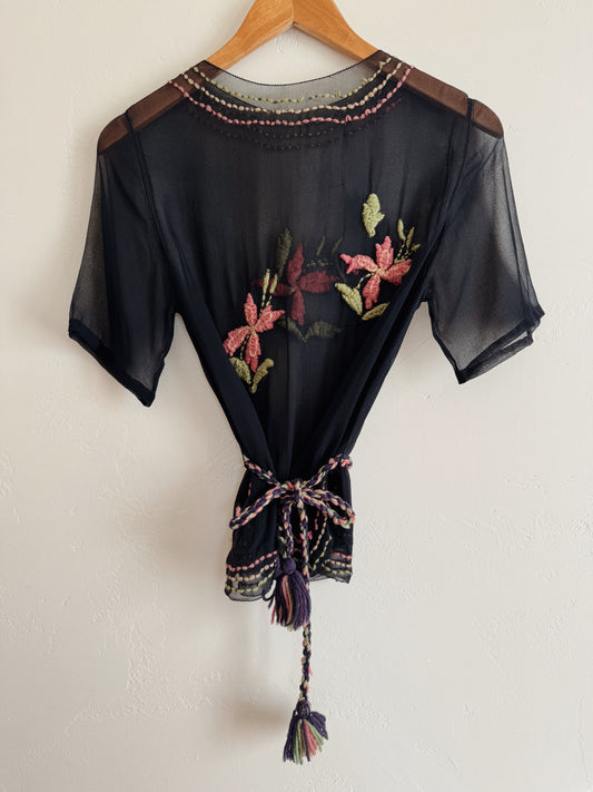 1920s Black Chiffon Top W/ Floral Embroidery- S