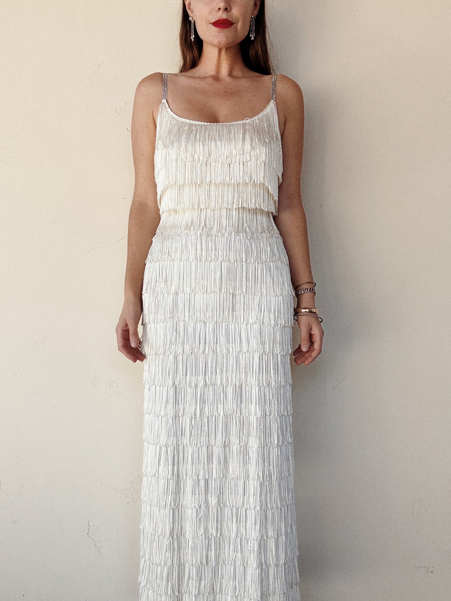 1950s White Tiered Fringe Hourglass Evening Gown- S