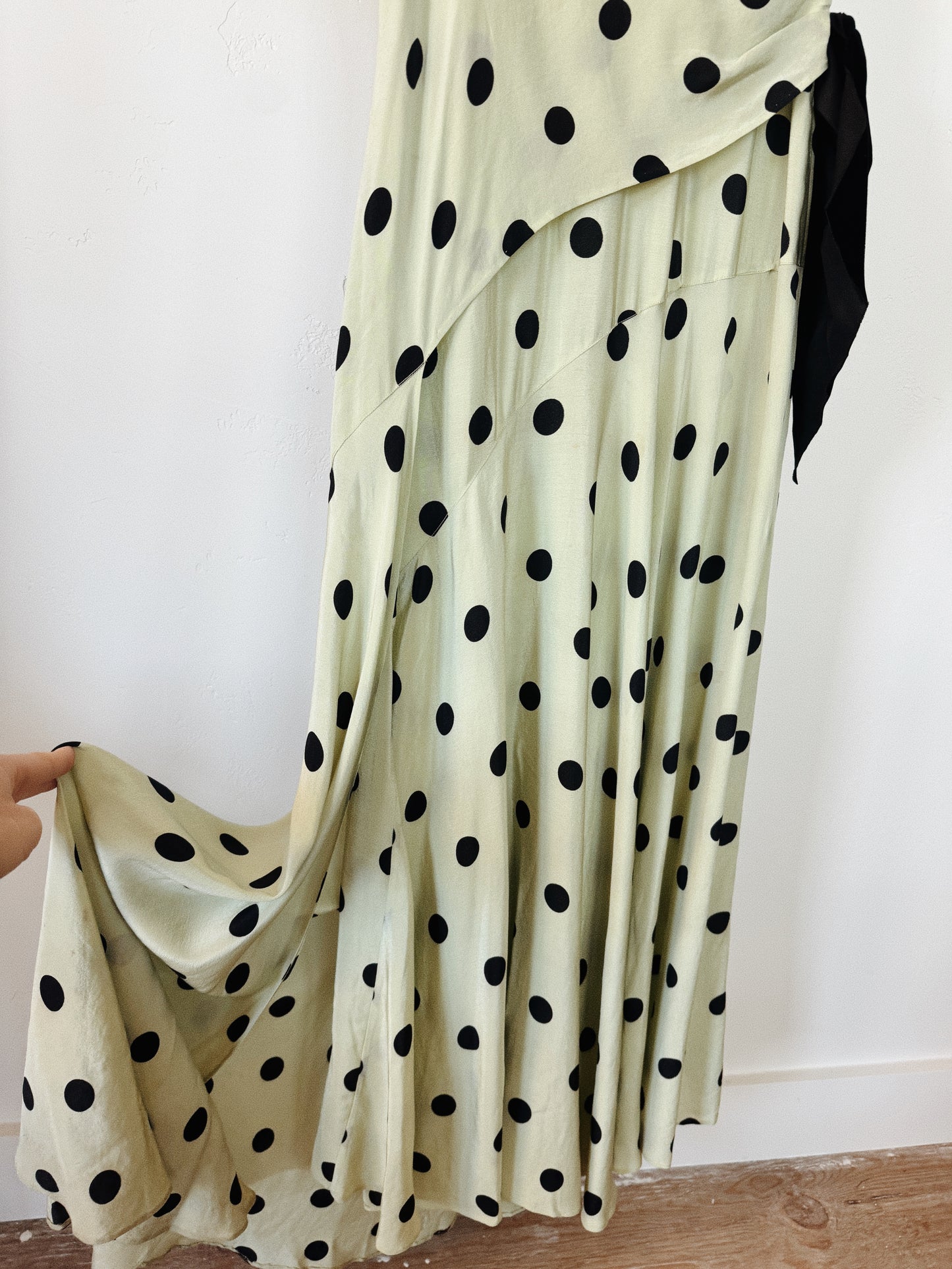 1930s Mint + Black Polka Dot Silk Draped Gown w/ Velvet Bows- S/M