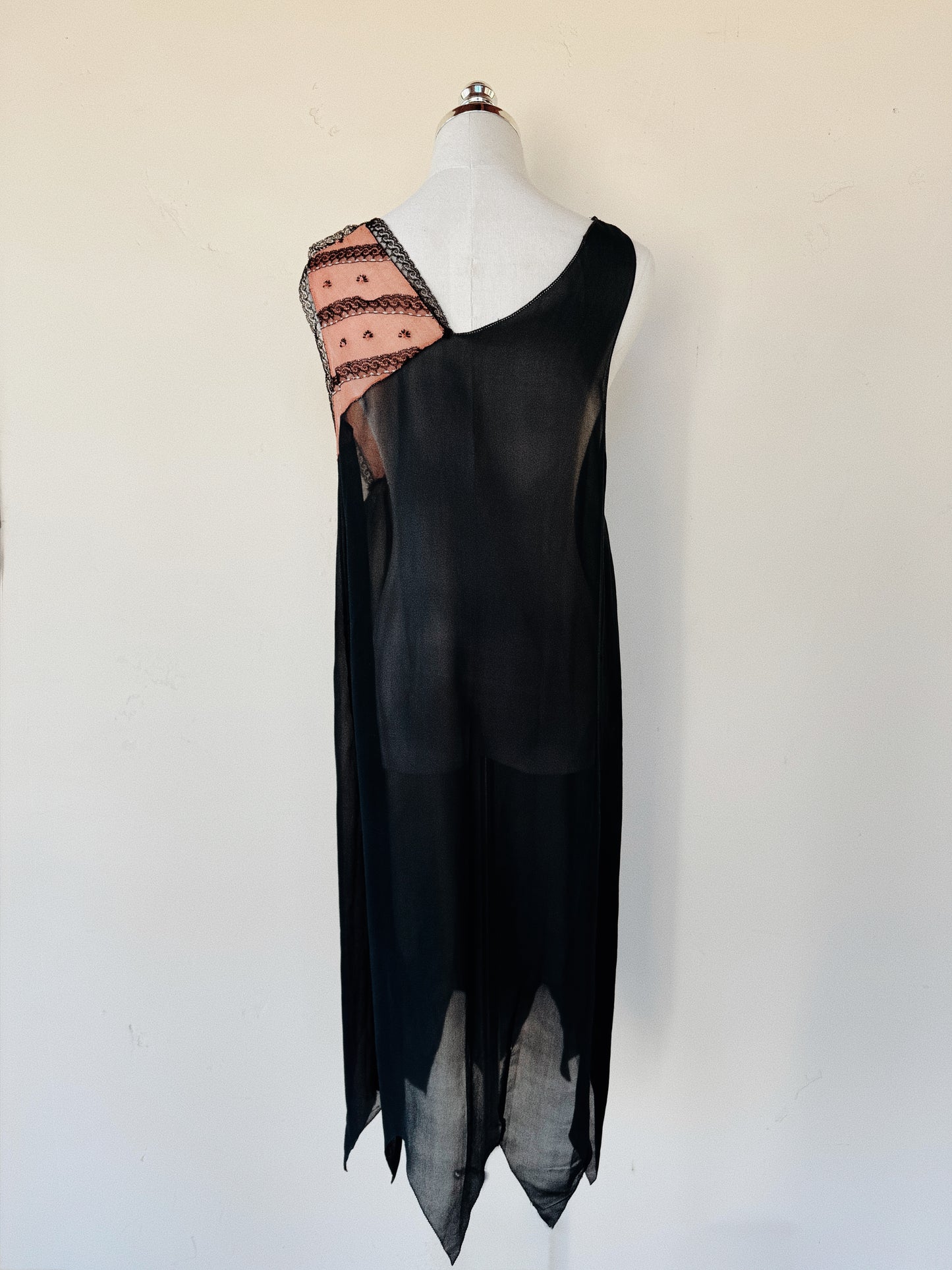 1920s Black Chiffon + Salmon Embroidered Shift Dress w/ Handkerchief Hem- M