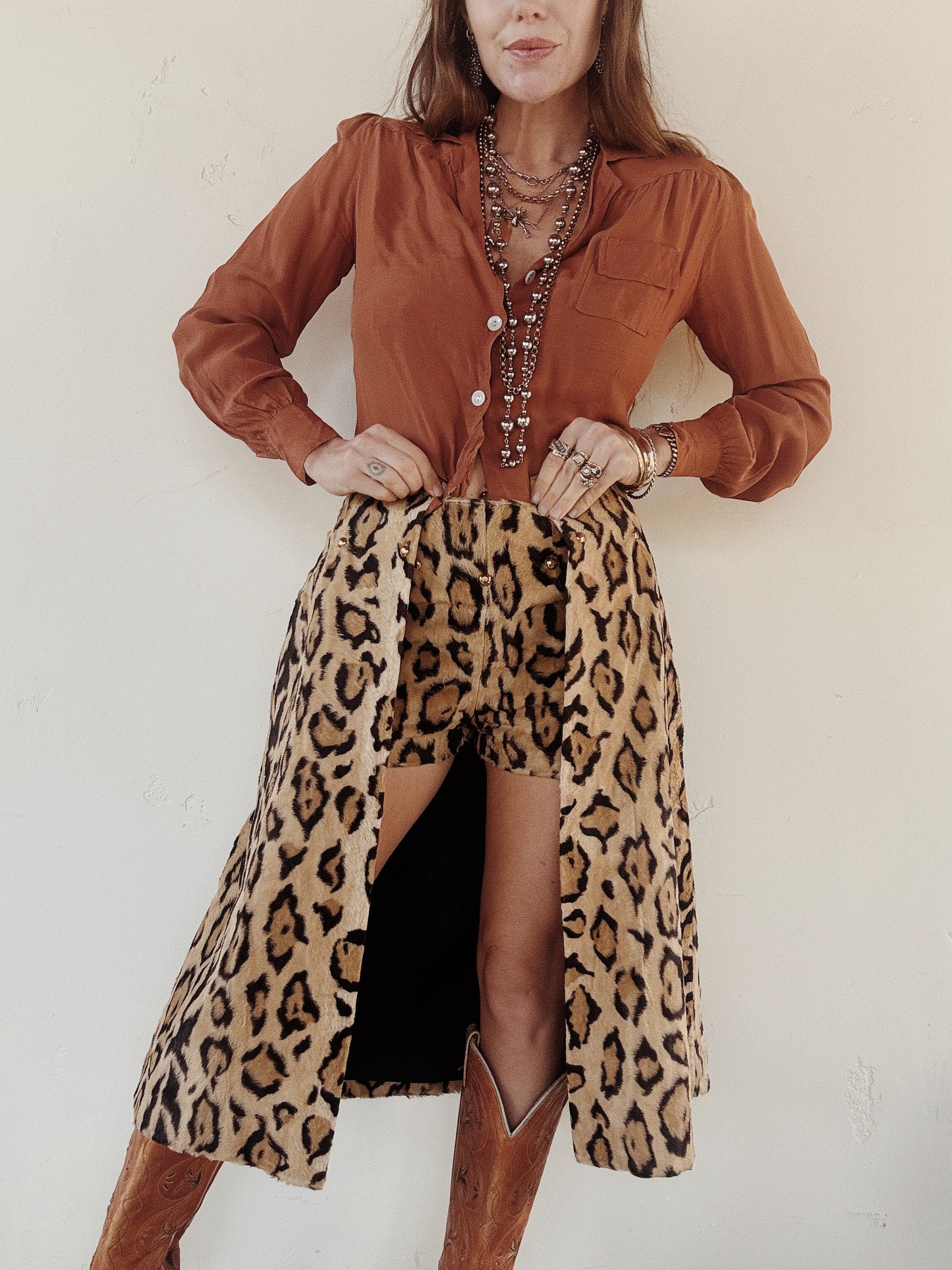 1950s Rare Leopard Faux Fur Short Ensemble w/ Brass Studs- S-S/M
