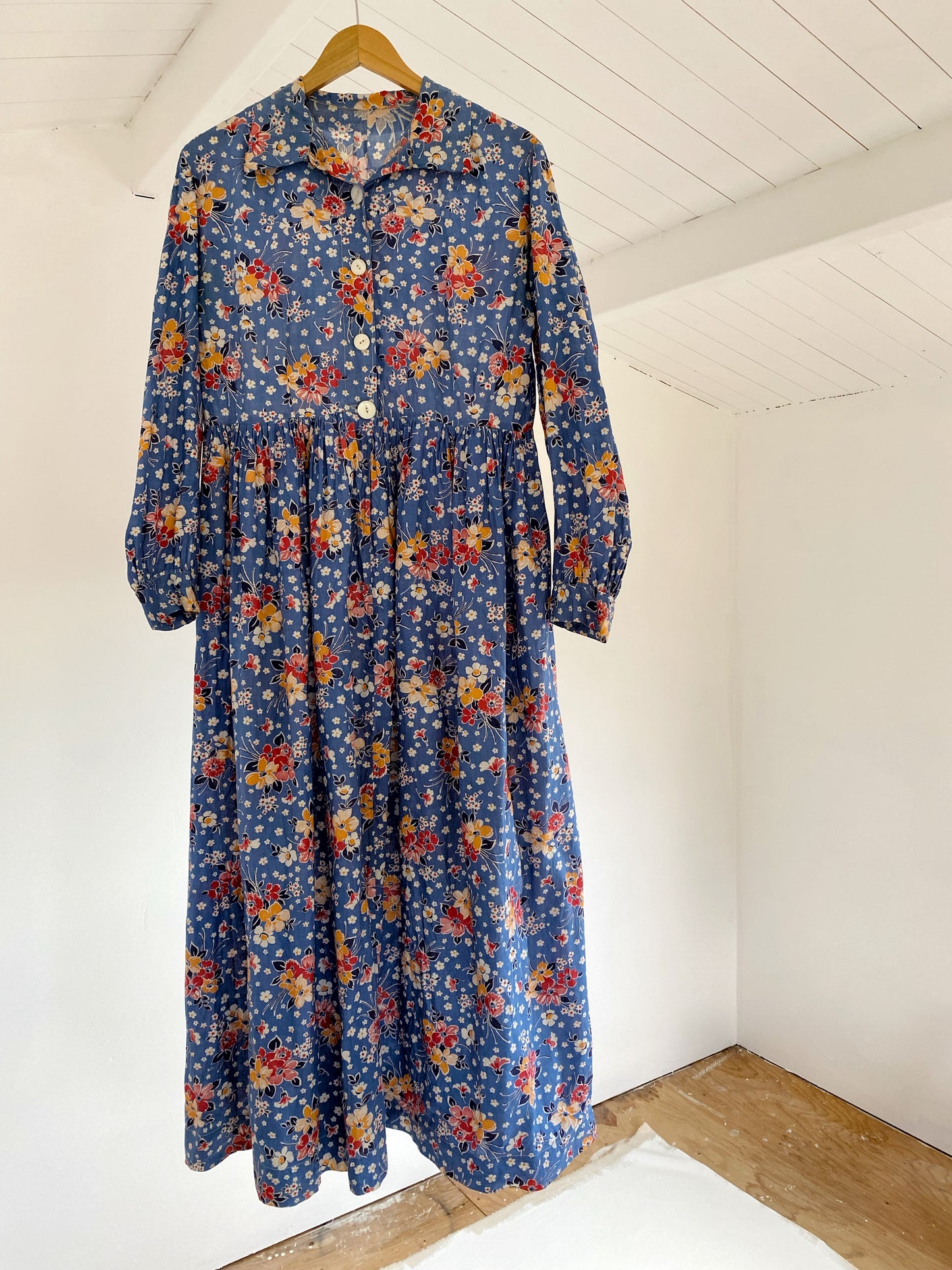 1930s/40s Blue Cotton Floral Maxi Feedsack Dress- L