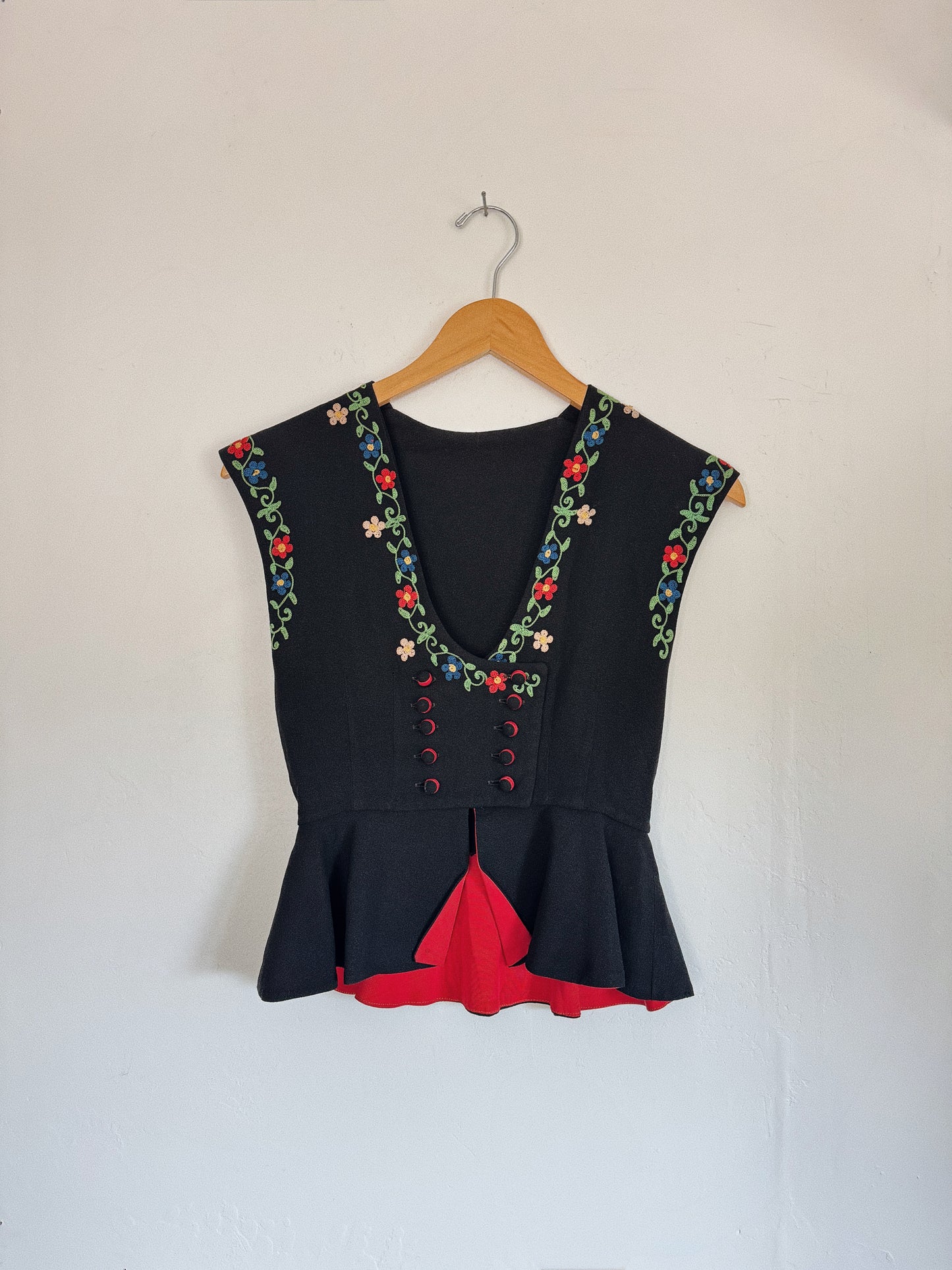 1940s Bavarian Floral Chain Stitched Peplum Top- XS