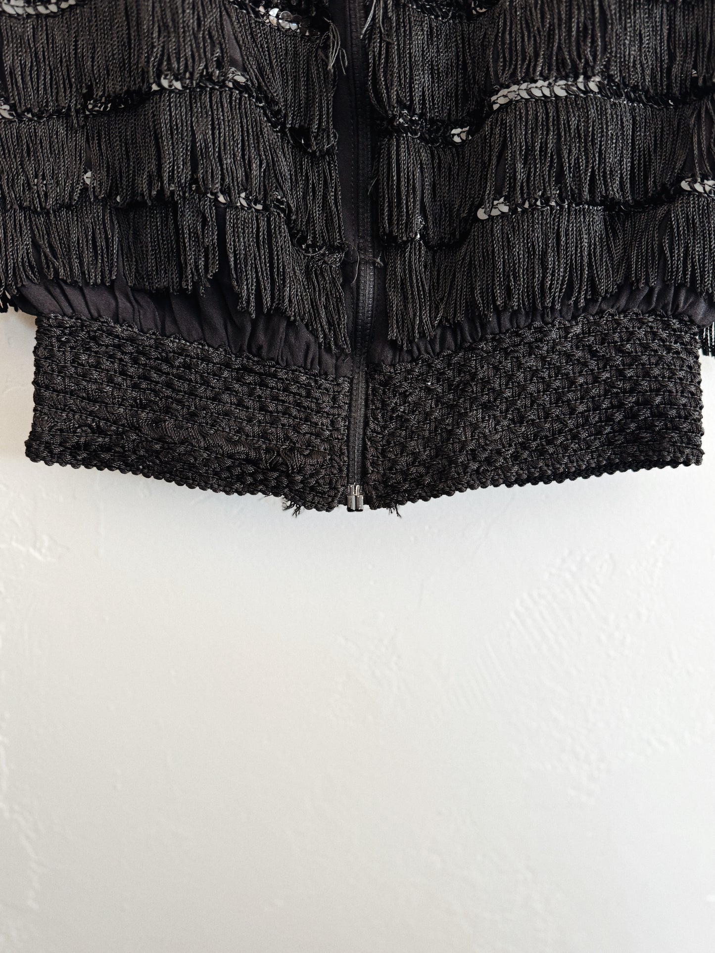 1930s Rare Zipper Front Fringe Cropped Top w/ Sequins- S/M