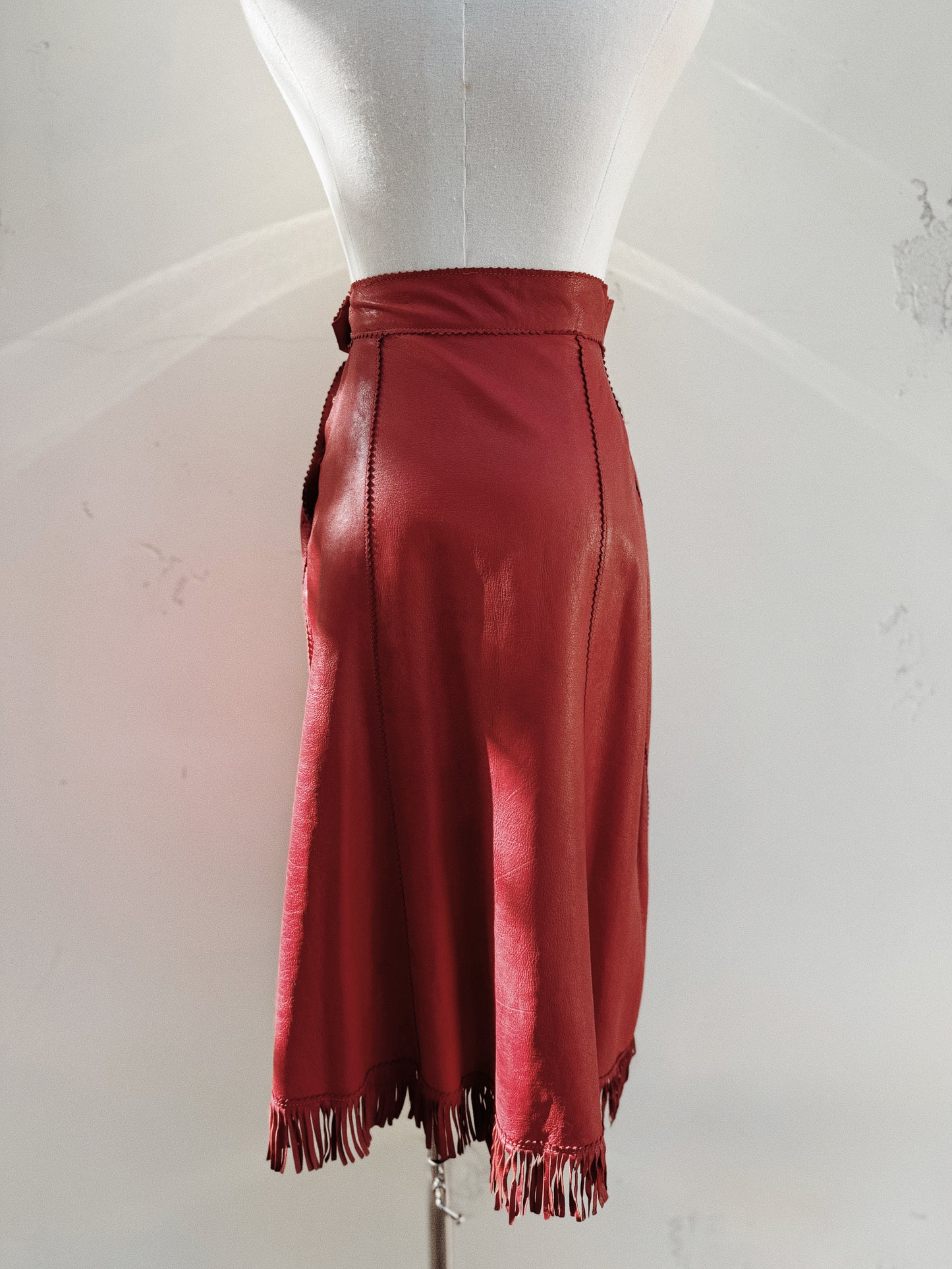 1930s/40s Western Oxblood Red Leather Fringe Cowgirl Skirt- S
