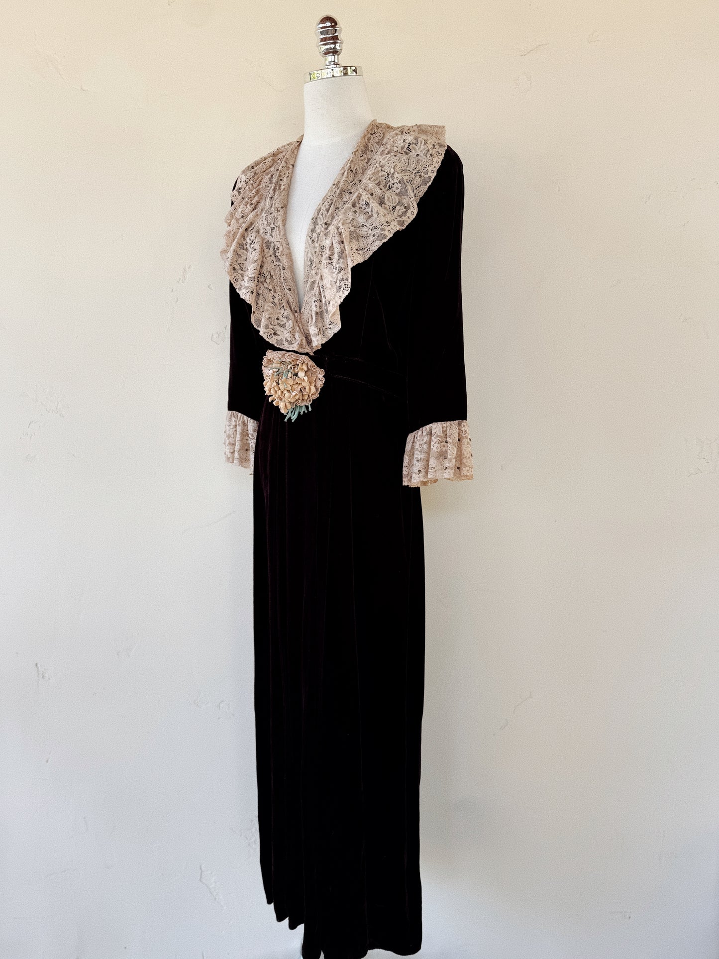 1930s/40s Aubergine Velvet + French Lace Dress w/ Rhinestones- S/M