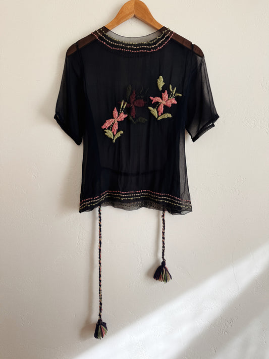 1920s Black Chiffon Top W/ Floral Embroidery- S
