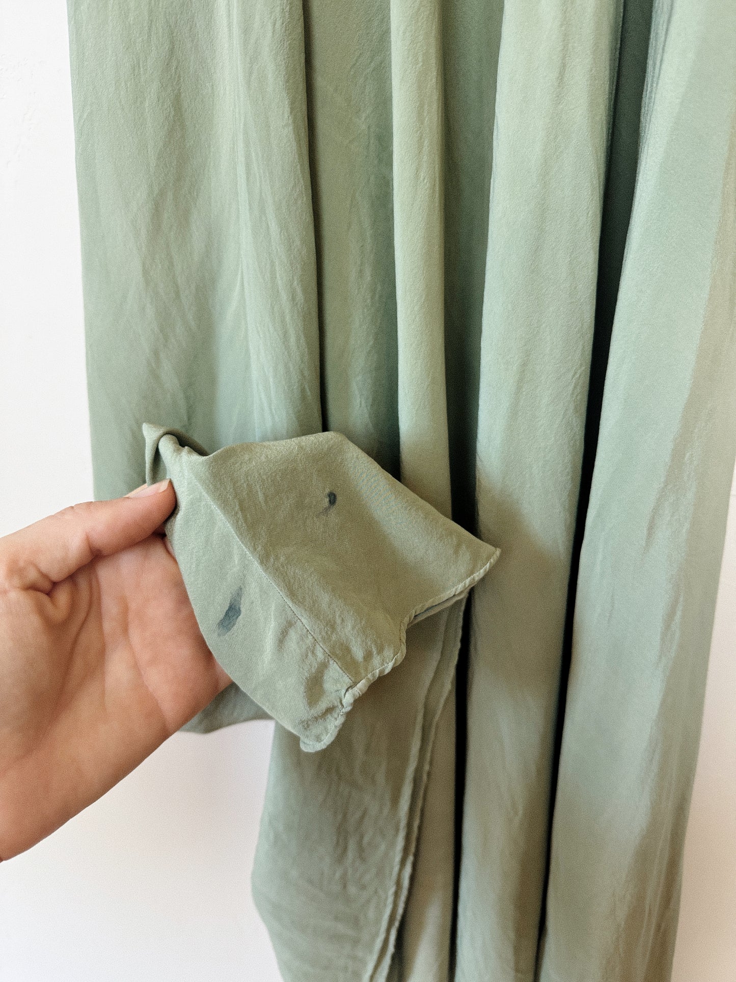 1930s Juniper Green Embroidered Silk Gown w/ Crinkle Chiffon Inserts- S-S/M