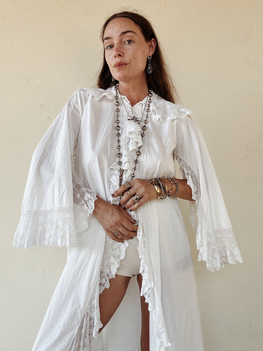 Edwardian White Angel Sleeve Boudoir Robe w/ Handmade Lace- S-S/M