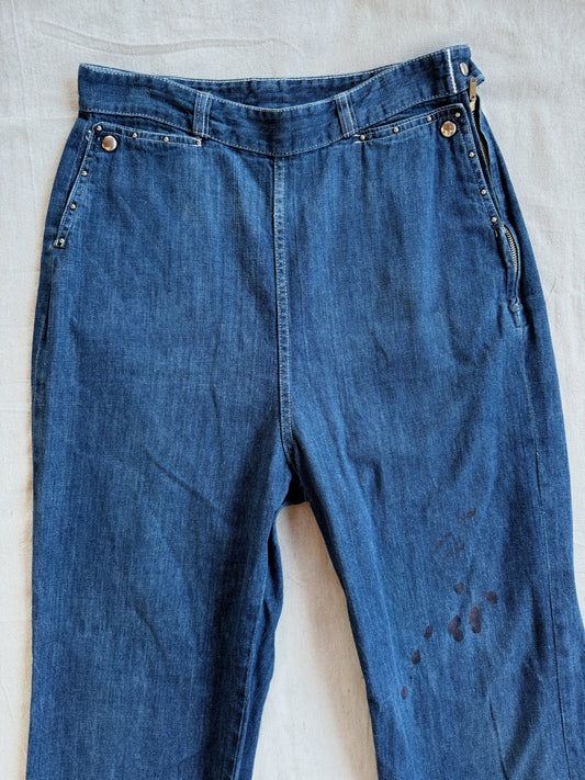 1950s Studded Dark Wash Denim Western Side Zip Pants- 30” Waist