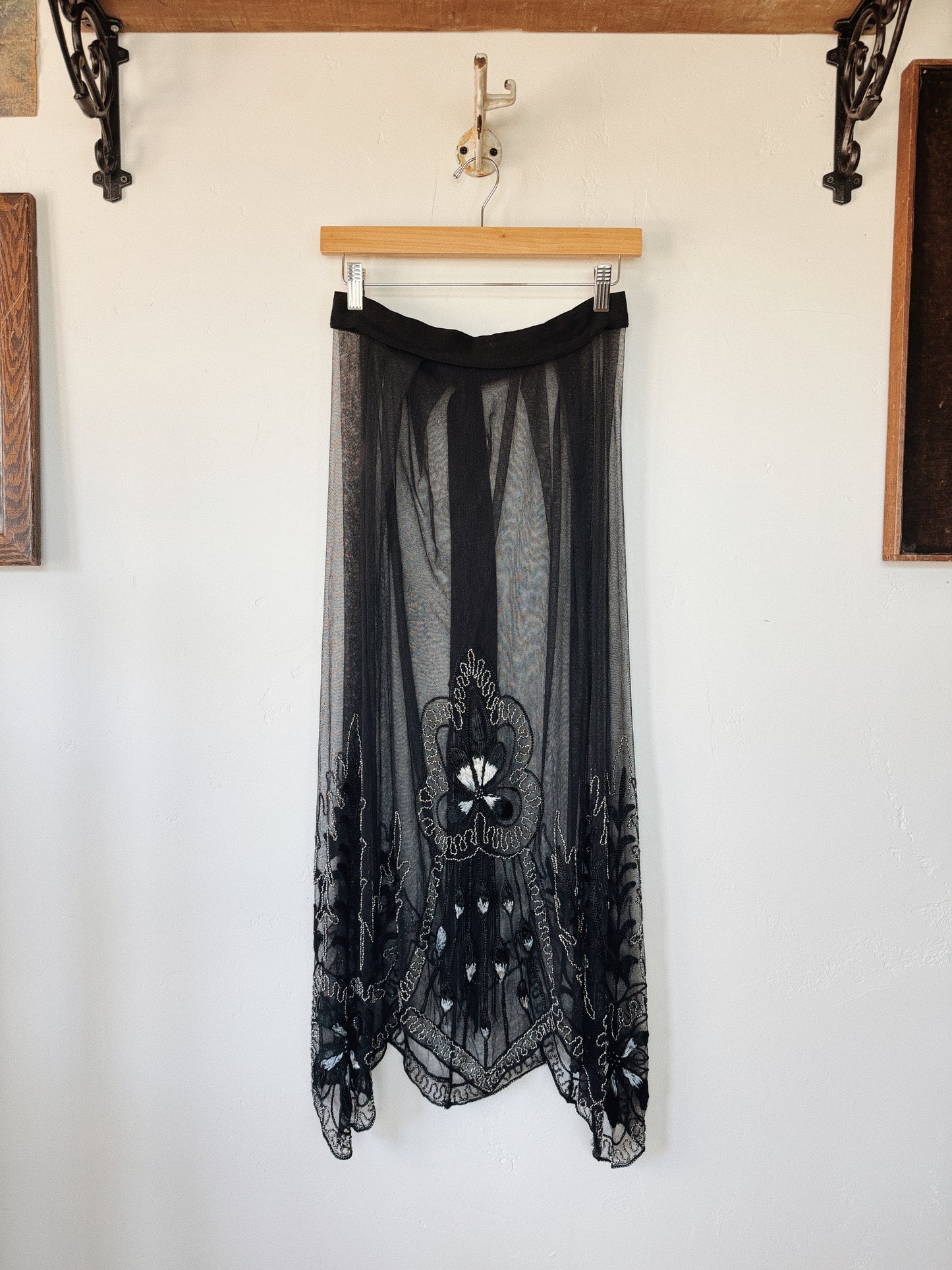 1920s Heavily Beaded Net Petal Fringe Skirt w/ Ombré Silk Embroidery- S/M
