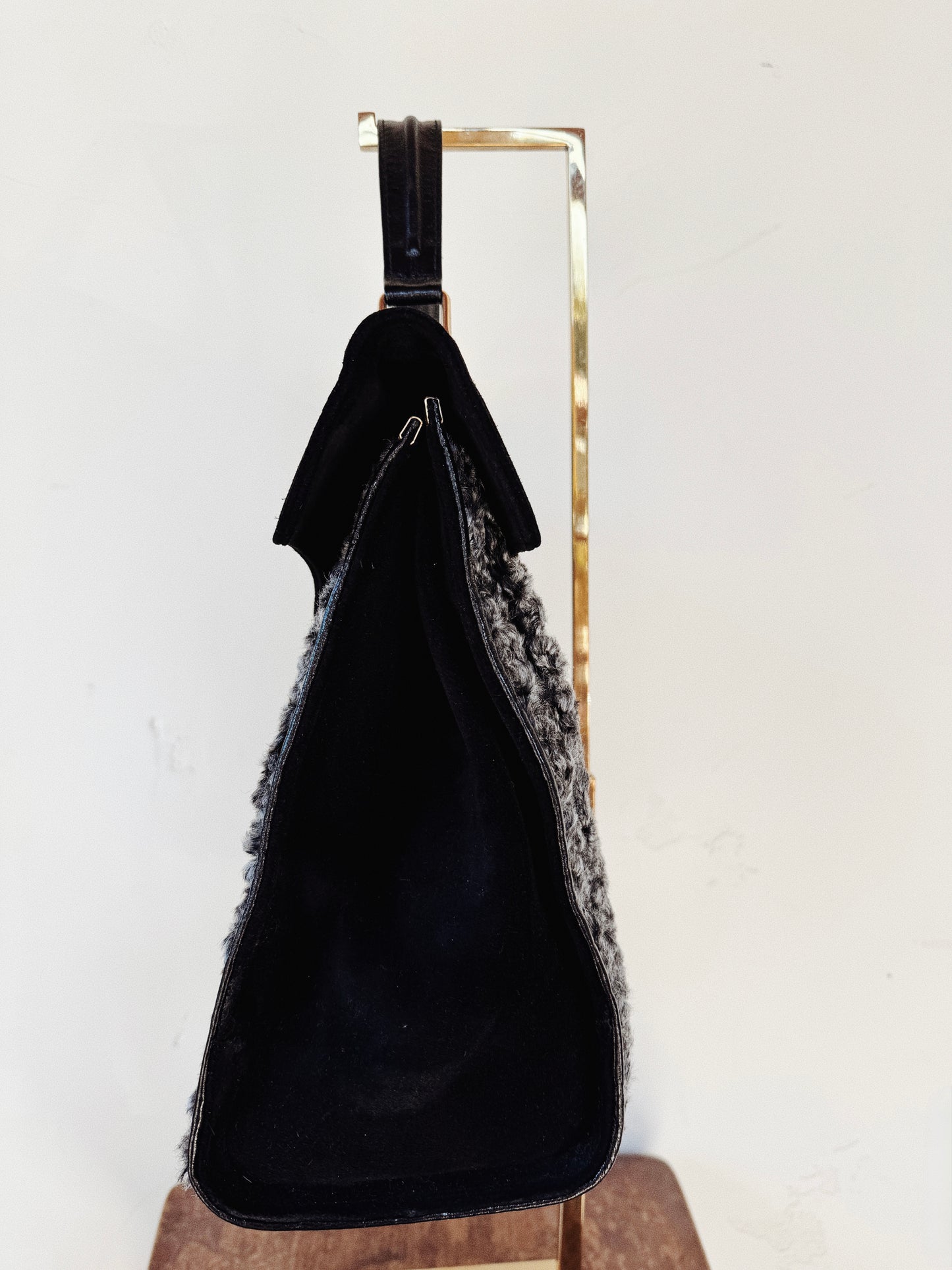 1970s Black Suede + Curly Lamb Jumbo Top Handle Bag