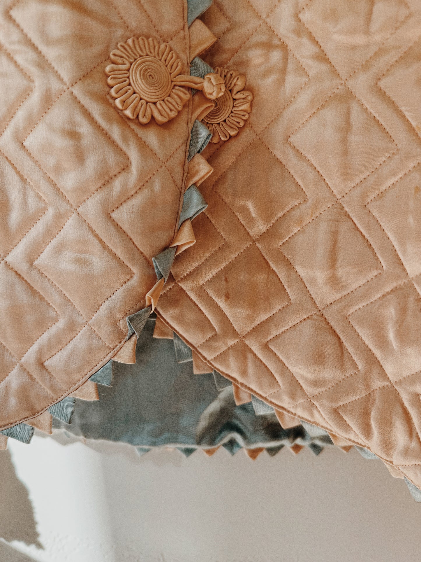 1940s Pastel Pink + Blue Silk Rayon Quilted Lounge Jacket w/ Sawtooth Detail- S/M