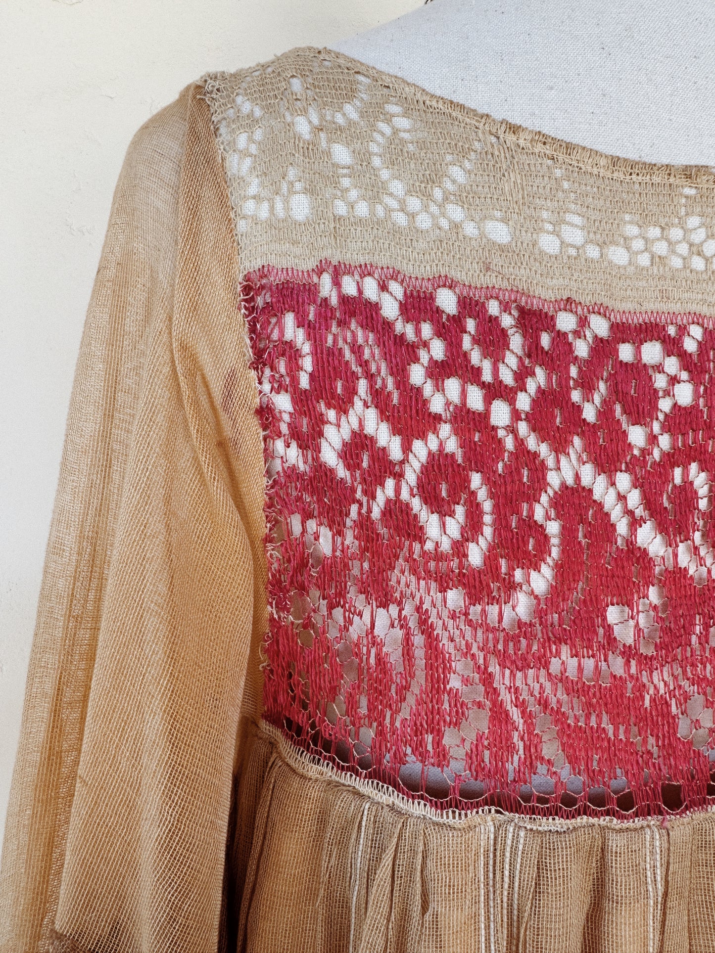 1970s Rare Catherine Buckley Lace + Iris Net Peasant Dress- XS-S