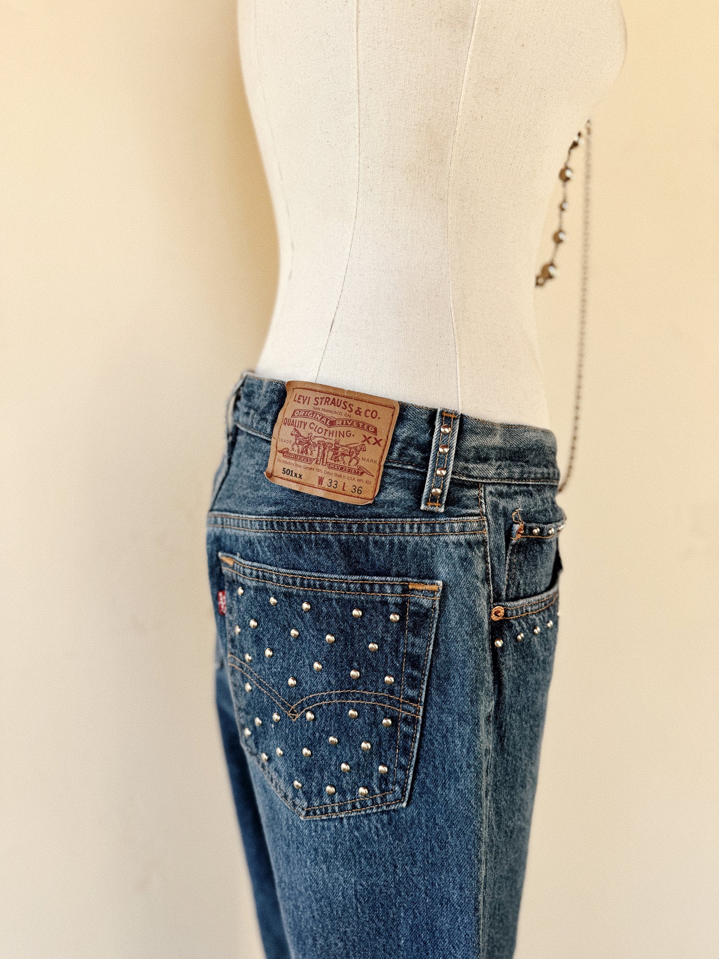 1990s Vintage Medium Wash Studded Levi’s 501s- 32” Waist