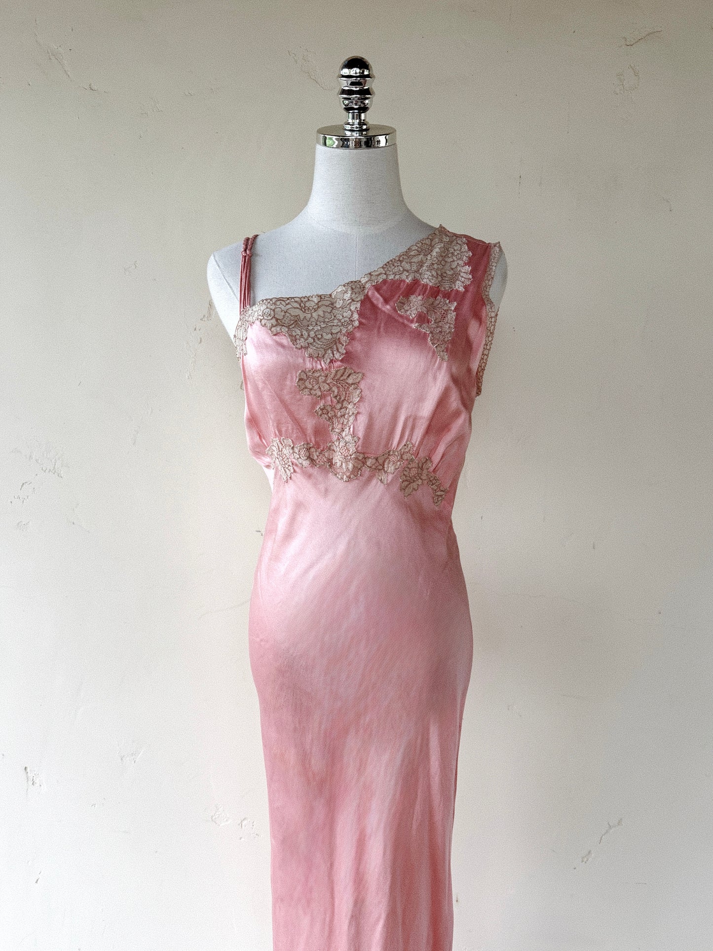 1930s/40s Pink Silk Asymmetrical Slip Dress w/ Lace- S-S/M