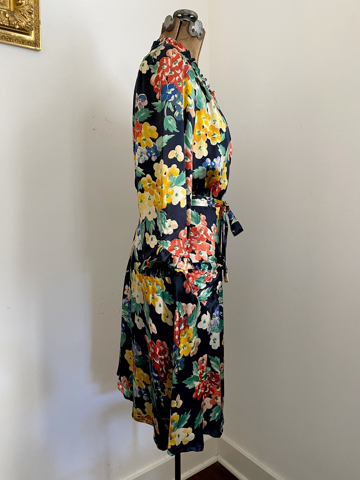 1930s Black Liquid Satin Zipper Front Dress w/ Multicolored Floral Print- M/L