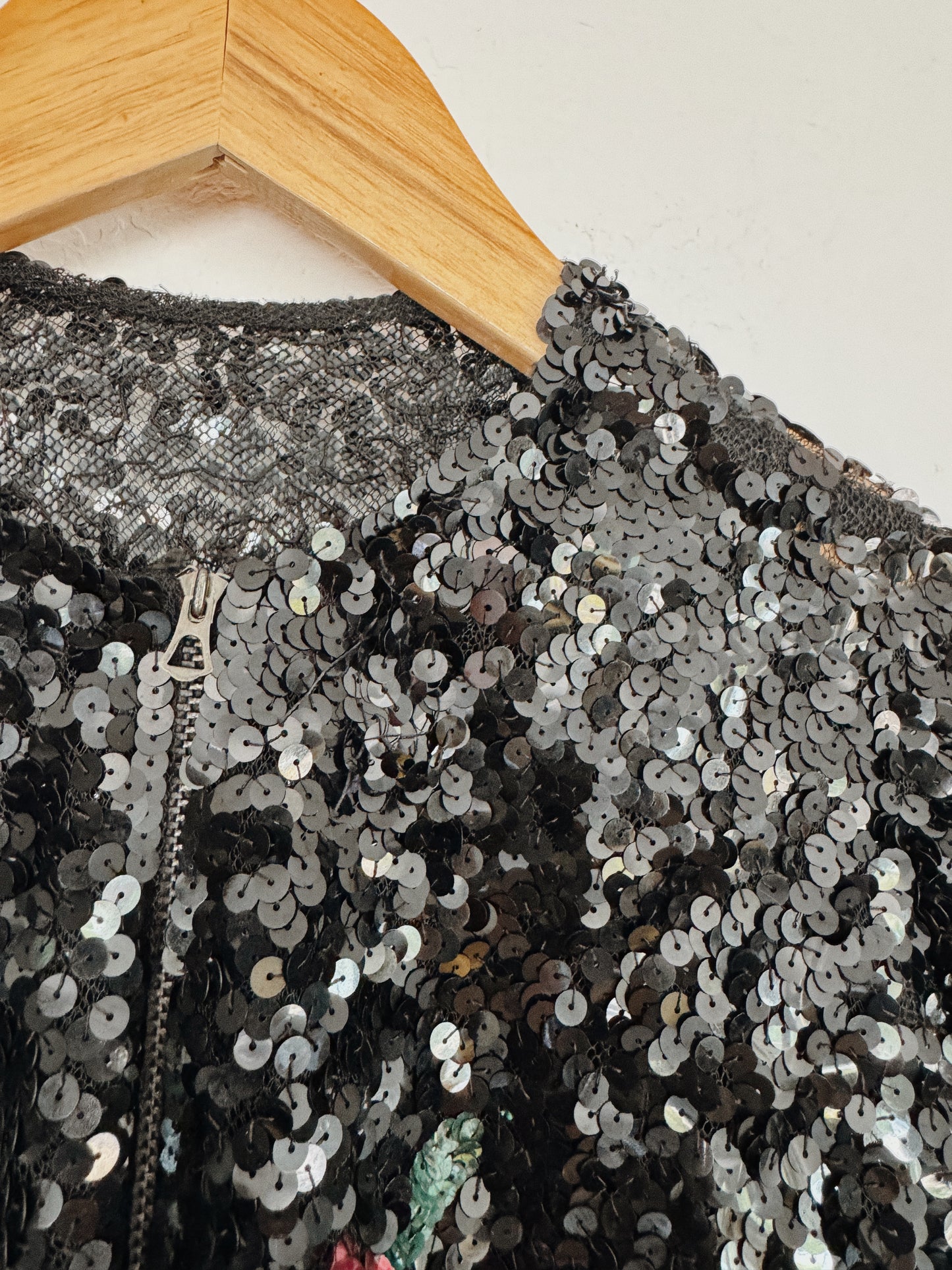 1930s Sequin Bell Zipper Front Blouse w/ Puffed Shoulders- S/M