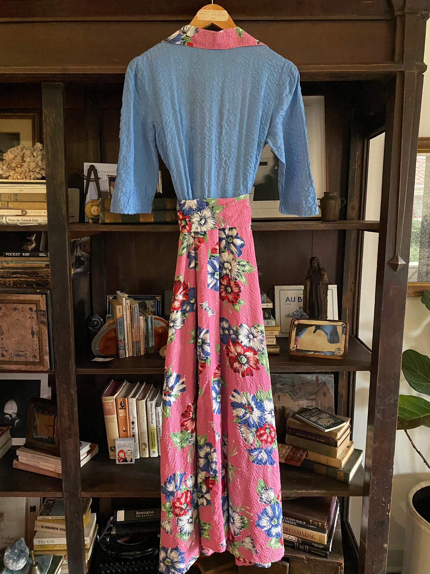 1930s/40s Blue + Pink Floral Seersucker Hostess Dress- M